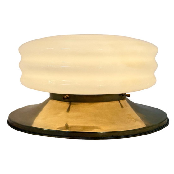 Image 1 of Art Deco (Stijl) - Deknudt Lustrerie - Massief Messing en Opaline Glas Plafondlamp - In Geweldige Staat - Vintage Italiaans