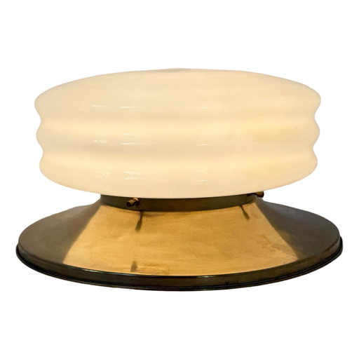 Art Deco (Stijl) - Deknudt Lustrerie - Massief Messing en Opaline Glas Plafondlamp - In Geweldige Staat - Vintage Italiaans