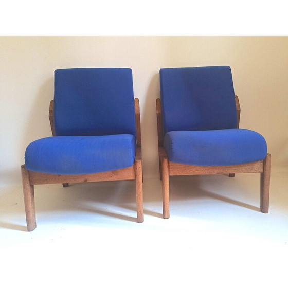 Image 1 of Paar vintage fauteuils in massief teakhout en blauwe stof, 1950