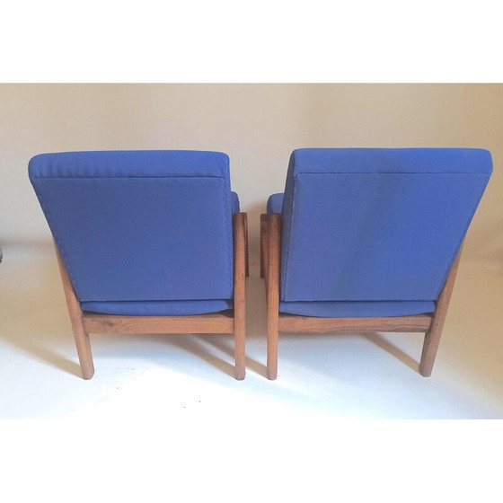 Image 1 of Paar vintage fauteuils in massief teakhout en blauwe stof, 1950