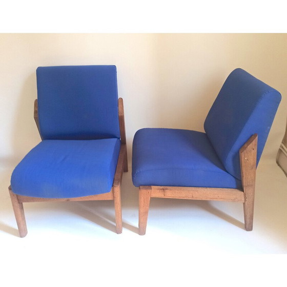 Image 1 of Paar vintage fauteuils in massief teakhout en blauwe stof, 1950