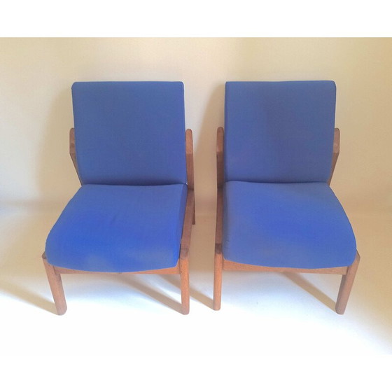 Image 1 of Paar vintage fauteuils in massief teakhout en blauwe stof, 1950