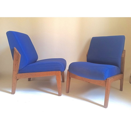 Image 1 of Paar vintage fauteuils in massief teakhout en blauwe stof, 1950