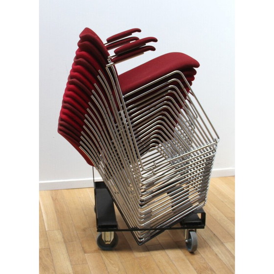 Image 1 of Set van 16 vintage "40/4" stoelen van verchroomd metaal en rode wol, door David Rowland voor Howe