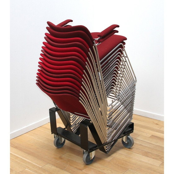 Image 1 of Set van 16 vintage "40/4" stoelen van verchroomd metaal en rode wol, door David Rowland voor Howe