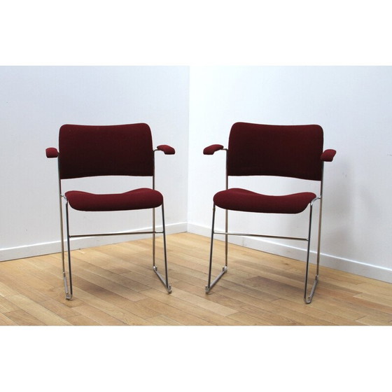 Image 1 of Set van 16 vintage "40/4" stoelen van verchroomd metaal en rode wol, door David Rowland voor Howe