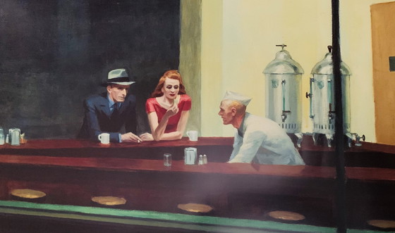 Image 1 of Edward Hopper. Nighthawks 1942 (Olieverf Op Doek). Xxl Formaat 161X 100Cm. Gesigneerd In De Plaat.