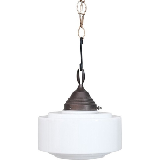 Vintage hanglamp in opaline glas en messing, Holland 1950