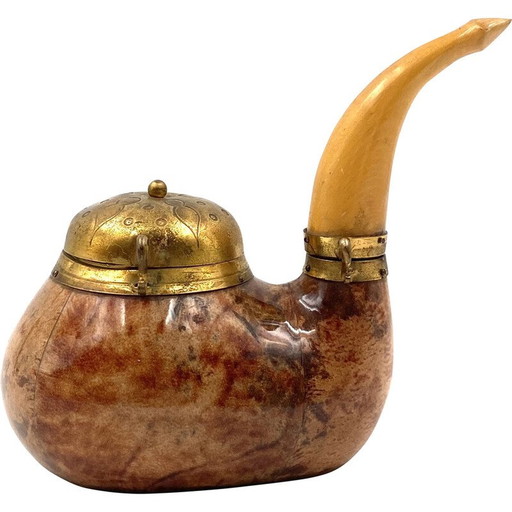 Vintage perkament en messing tabaksblik in de vorm van een pijp door Aldo Tura, Italië 1950