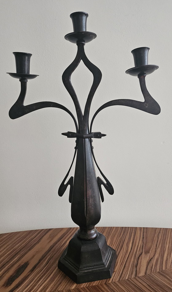 Image 1 of Vintage Art Nouveau Bronzen Kandelaar