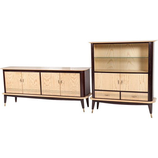 Vintage mahonie en essenhouten dressoir met barkast, Frankrijk 1950