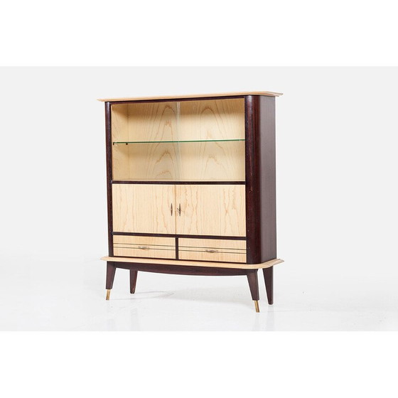 Image 1 of Vintage mahonie en essenhouten dressoir met barkast, Frankrijk 1950