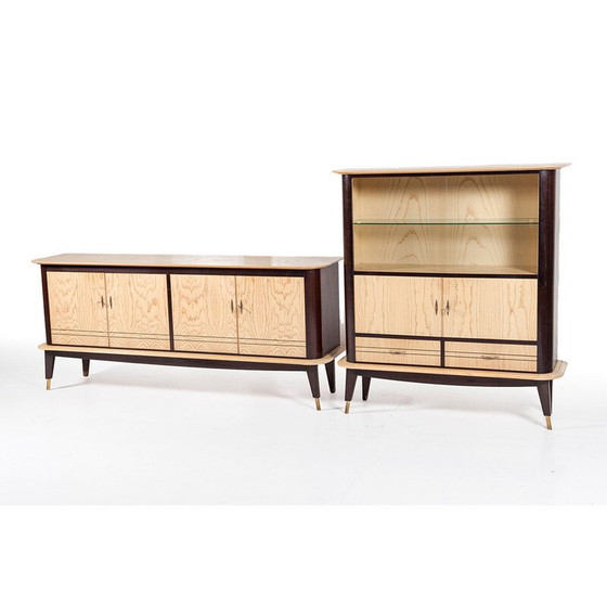 Image 1 of Vintage mahonie en essenhouten dressoir met barkast, Frankrijk 1950