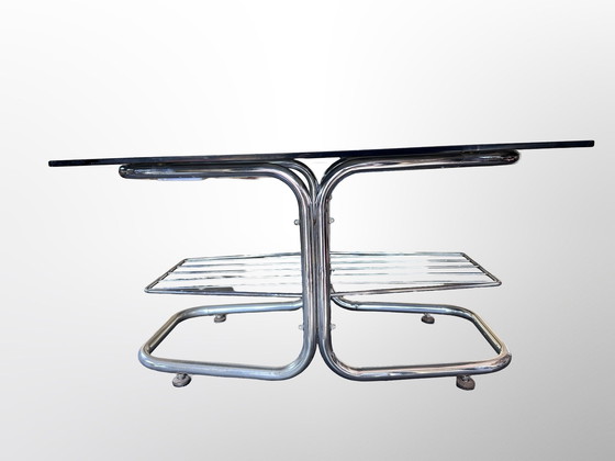 Image 1 of Bijzondere Coffee Table Met Chromen Ondersteken Bruin Rookglas Bovenblad