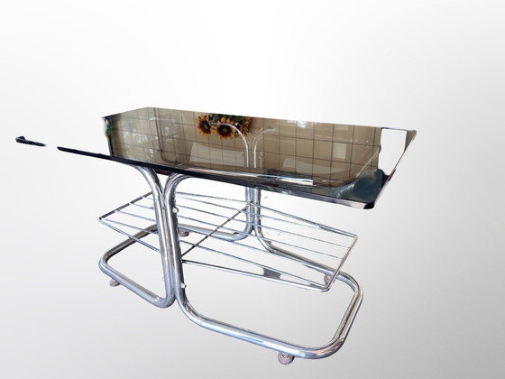 Image 1 of Bijzondere Coffee Table Met Chromen Ondersteken Bruin Rookglas Bovenblad