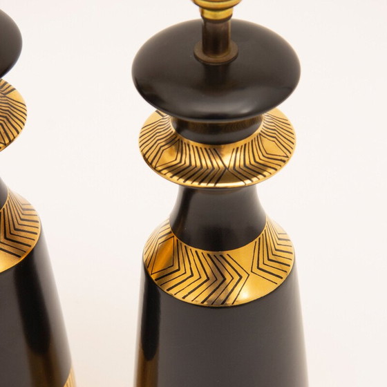 Image 1 of Paar vintage zwarte tafellampen met goudkleurig design uit Crown Devon Memphis Range