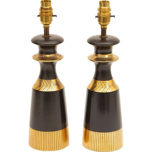 Paar vintage zwarte tafellampen met goudkleurig design uit Crown Devon Memphis Range