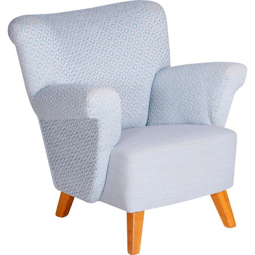 Vintage Art Deco fauteuil in lichtblauwe stof en eiken, Tsjecho-Slowakije 1930