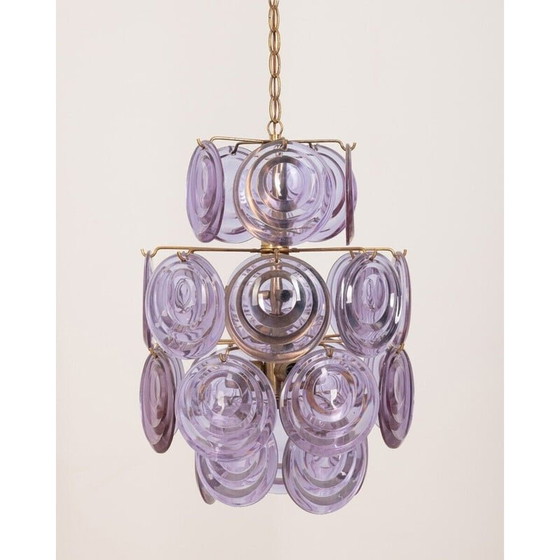 Image 1 of Vintage kroonluchter met pendants in bewerkt paars Murano glas van Vistosi, jaren 1950