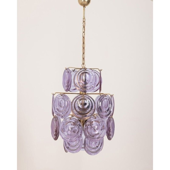 Image 1 of Vintage kroonluchter met pendants in bewerkt paars Murano glas van Vistosi, jaren 1950