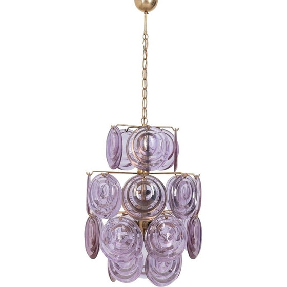 Image 1 of Vintage kroonluchter met pendants in bewerkt paars Murano glas van Vistosi, jaren 1950