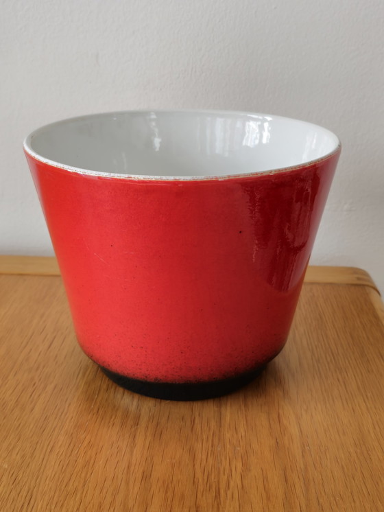 Image 1 of Grote Vintage Bloempot Keramiek Rood Blauw