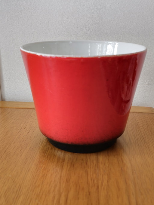 Grote Vintage Bloempot Keramiek Rood Blauw