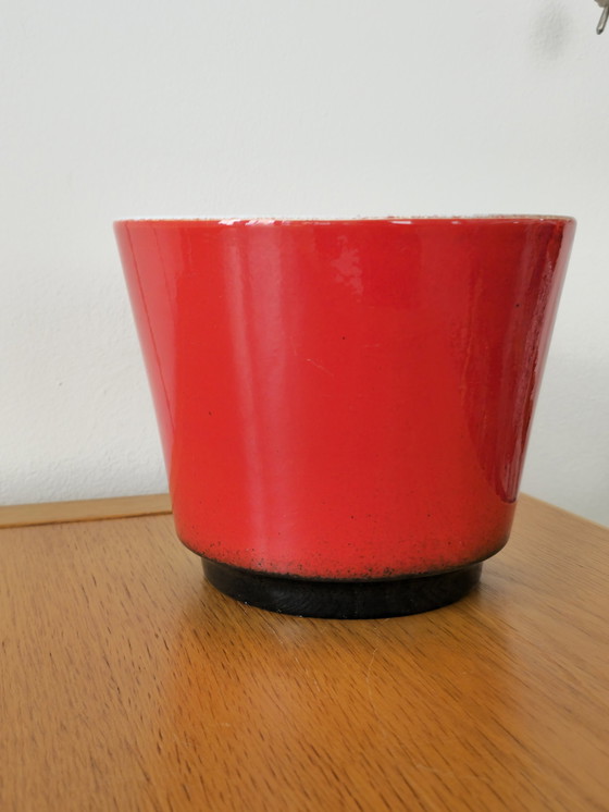 Image 1 of Grote Vintage Bloempot Keramiek Rood Blauw