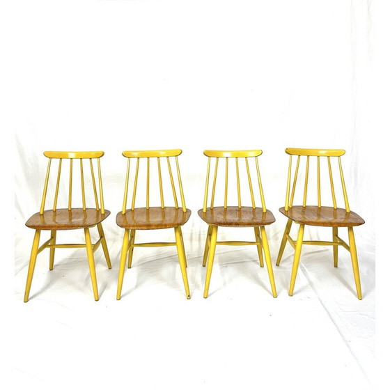 Image 1 of Set van 4 vintage teakhouten en beukenhouten "Fanett" stoelen van Ilmari Tapiovaara voor Edsby Verken, Zweden 1960
