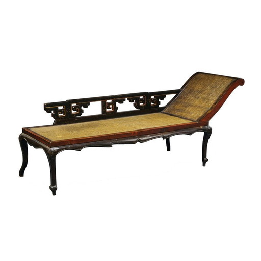 Vintage hardhouten en rotan daybed, China 1900