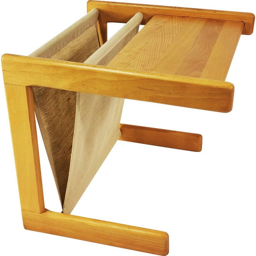 Vintage tafel met krantenrek in beukenhout en natuurlijk linnen, Denemarken 1970