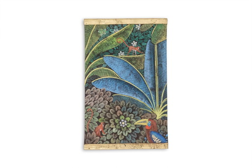 Geschilderd canvas met een toekan op een gestileerde achtergrond. Eigentijds.