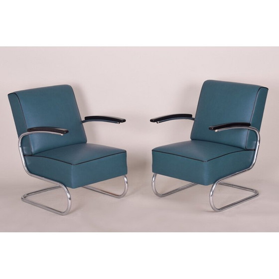 Image 1 of Paar vintage blauw leren fauteuils van Mucke Melder, Tsjechië 1930