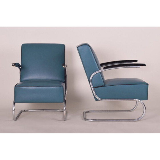 Image 1 of Paar vintage blauw leren fauteuils van Mucke Melder, Tsjechië 1930