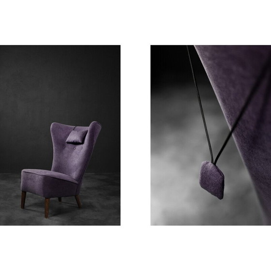 Image 1 of Vintage wingback stoel in eiken en paarse stof, Denemarken 1950