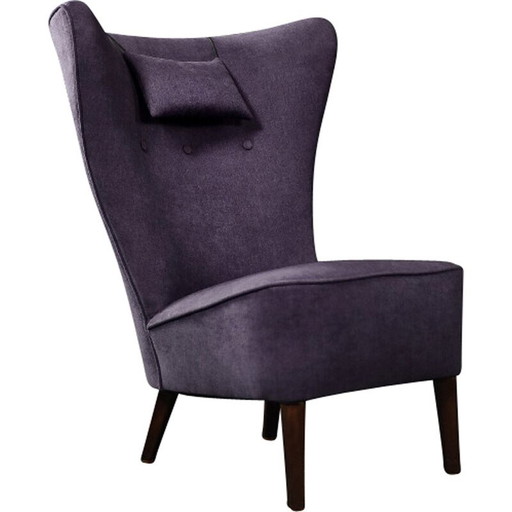 Vintage wingback stoel in eiken en paarse stof, Denemarken 1950