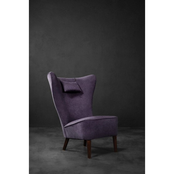 Image 1 of Vintage wingback stoel in eiken en paarse stof, Denemarken 1950
