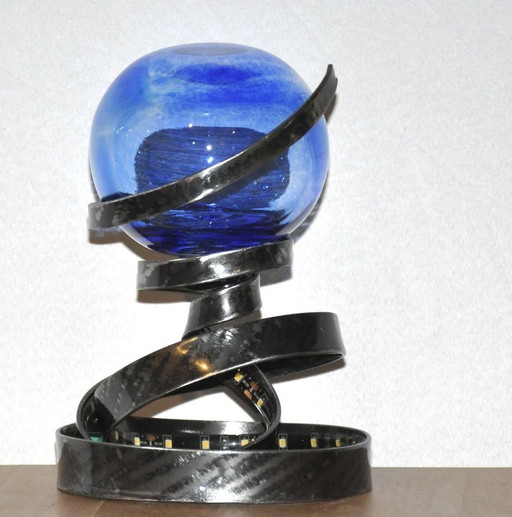 Blauwe lamp van metaal en glas, Lampe D'Ambiance