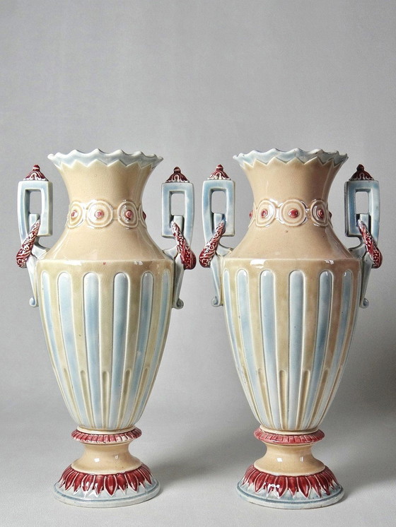 Image 1 of Paar Majolica vazen, antieke Art Deco Barbotine in de smaak van antiek Minton