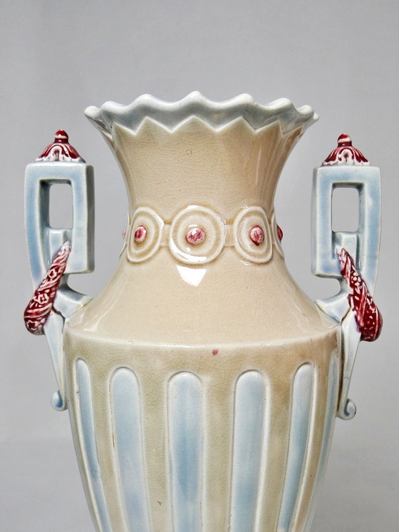 Image 1 of Paar Majolica vazen, antieke Art Deco Barbotine in de smaak van antiek Minton