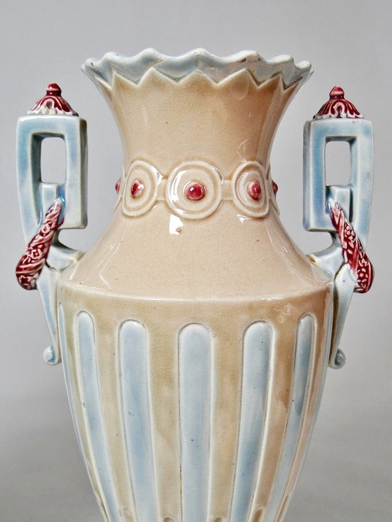 Image 1 of Paar Majolica vazen, antieke Art Deco Barbotine in de smaak van antiek Minton