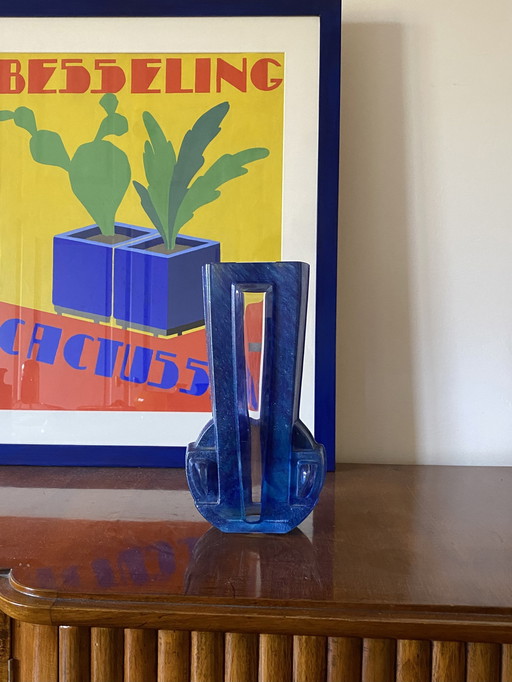 Art Deco blauw kristallen vaas, Daum Frankrijk, Xx eeuw