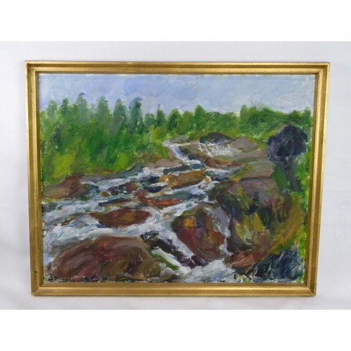 Vintage olieverfschilderij geschilderd op canvas met groene en bruine tinten door Sixten Wiklund, 1950