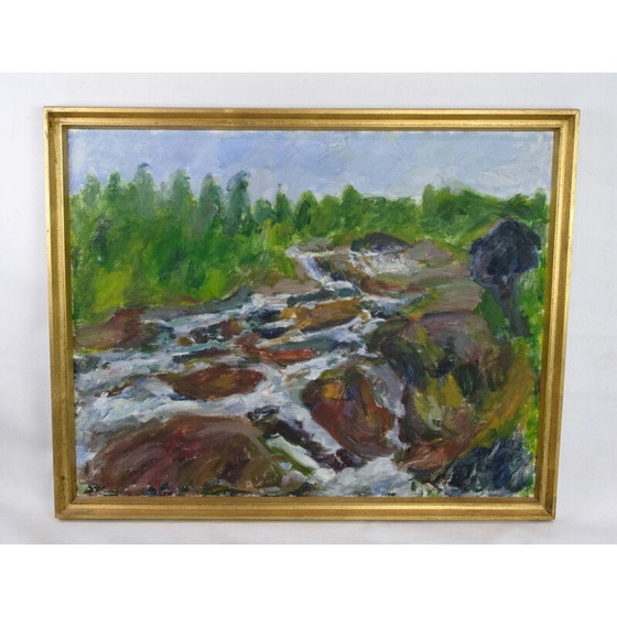 Image 1 of Vintage olieverfschilderij geschilderd op canvas met groene en bruine tinten door Sixten Wiklund, 1950