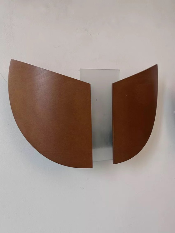 Image 1 of 2X Vintage wandlampen in thermogevormd hout en gezandstraald glas, Frankrijk, 1980
