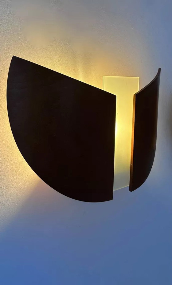 Image 1 of 2X Vintage wandlampen in thermogevormd hout en gezandstraald glas, Frankrijk, 1980