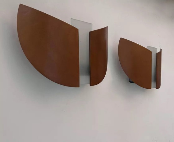 Image 1 of 2X Vintage wandlampen in thermogevormd hout en gezandstraald glas, Frankrijk, 1980