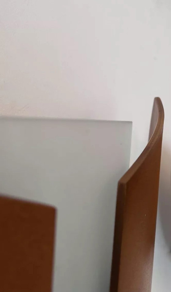 Image 1 of 2X Vintage wandlampen in thermogevormd hout en gezandstraald glas, Frankrijk, 1980