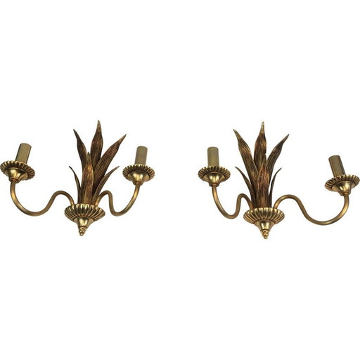 Paar vintage bronzen en messing palmboom wandlampen, 1970