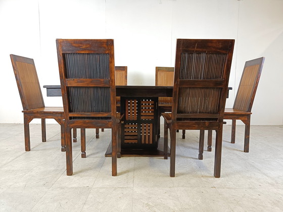 Image 1 of Mid century bamboe eetkamerstoelen met hoge rugleuning en tafel